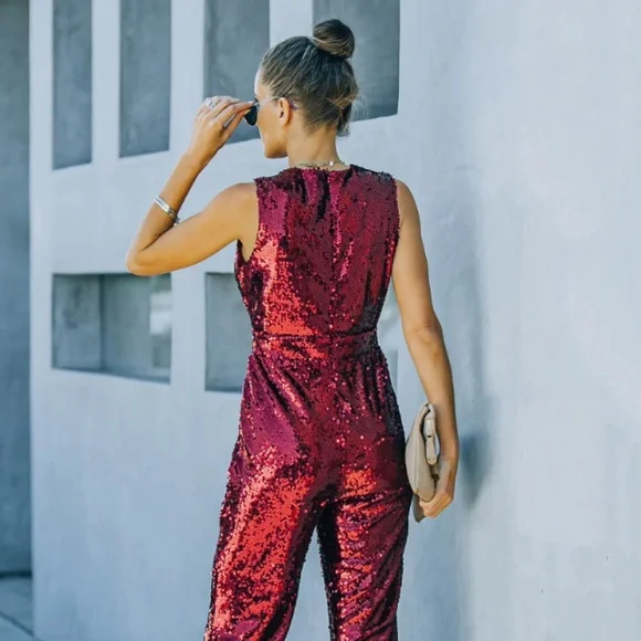 Burgundy Sequin Jumpsuit - Picture 3 of 6